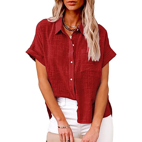 Txeol Womens Button Down Cotton Linen Shirts V Neck Roll Up Short Sleeve Blouses Loose Collared Shirt Summer Casual Tops 2024 Red,L