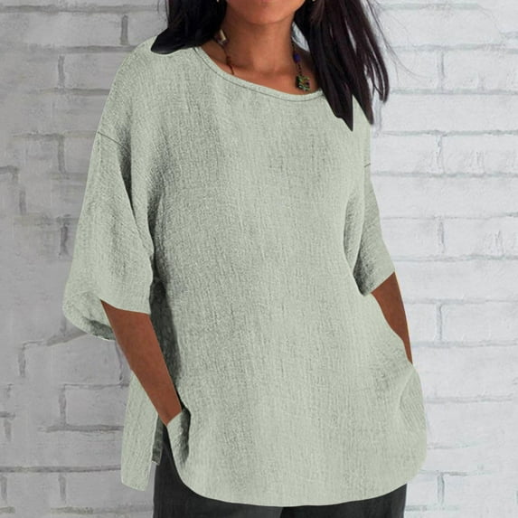 Txeol Womens Linen 3/4 Sleeve Gray Blouse,Linen Shirts for Women Oversized Side Split Casual Loose Fit Round Neck Tees 2024 Summer Blouse Womens Linen Shirts and Blouses Plus Size