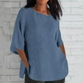 thumbnail image 1 of Txeol Womens Navy Blue Linen 3/4 Sleeve Tops,Linen Shirts for Women Oversized Side Split Casual Loose Fit Round Neck Tees 2024 Summer Blouse Plus Women's Linen Shirt, 1 of 6
