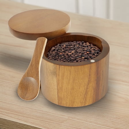 Txkrhwa Round Salt Cellar, Salt Box with Lid, Pepper Spice Seasonings Salt Jar Storage Container, Acacia Wood Salt Bowl with Built in Spoon and Magnetic Swivel Lid