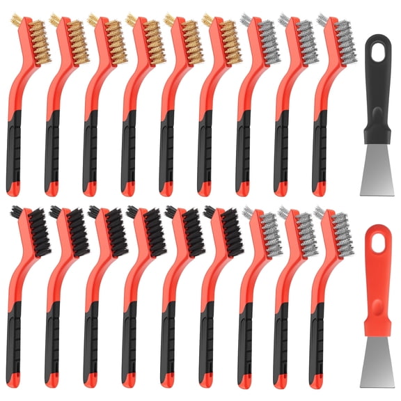 Txkrhwa 18PCS Wire Brushes Set, Nylon/Stainless Steel/Brass Metal Bristles Brush with Curved Handle Grip, Paint Remover Cleaning Brush with 2 Scraper for Daily Cleaning, Grout Cleaner Brush Tool