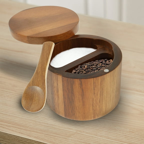 Txkrhwa 2 Compartments Salt Box, 6OZ Acacia Wood Salt Bowl, Round Salt Cellar with Built in Spoon and Magnetic Swivel Lid, Kitchen Salt Container Holder for Storing Salt Pepper Sugar Spice