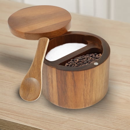 Txkrhwa 2 Compartments Salt Box, 6OZ Acacia Wood Salt Bowl, Round Salt Cellar with Built in Spoon and Magnetic Swivel Lid, Kitchen Salt Container Holder for Storing Salt Pepper Sugar Spice