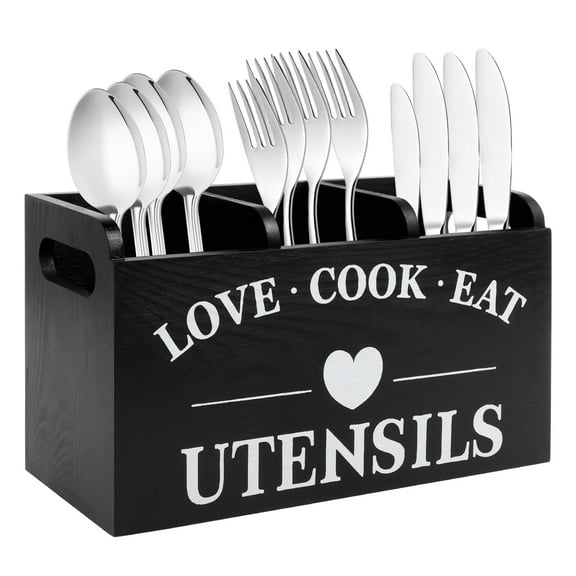 Txkrhwa 3 Compartments Wooden Kitchen Utensil Holder, Sturdy Silverware Caddy Organizer Holder, Farmhouse Wood Cooking Utensil Stand, for Farmhouse Kitchen Countertop