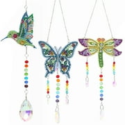 Txkrhwa 3 Pieces Diamond Painting Suncatcher Wind Chime 5D Hanging Ornaments Double Sided Crystal Gem Paint Dragonfly Butterfly Hummingbird Kits for Home Garden Decoration