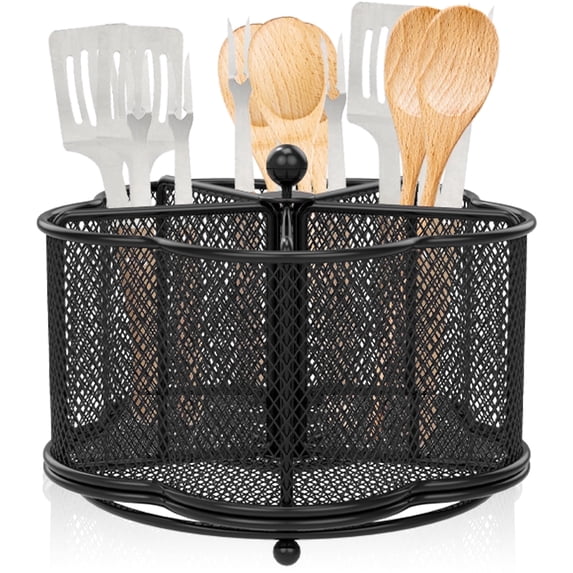 Txkrhwa 360 Degree Rotating Kitchen Metal Utensil Holder, 5 Compartment Silverware Organizer, Fork Spoon Cutlery Caddy Organizer, Party Countertop Buffet Picnic Camping Outdoor Storage Basket
