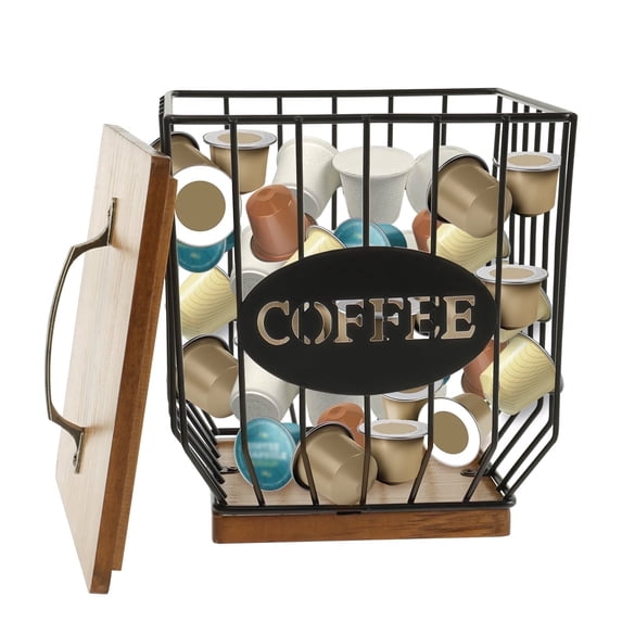 AEVXKHI Coffee Pod Holder, Large Capacity K Cup Holder with Lid, Coffee Pods Organizer Basket, Modern K Cup Organizer with Wooden Base, Wire Coffee Pods Storage Organizer for Coffee Bar Counter