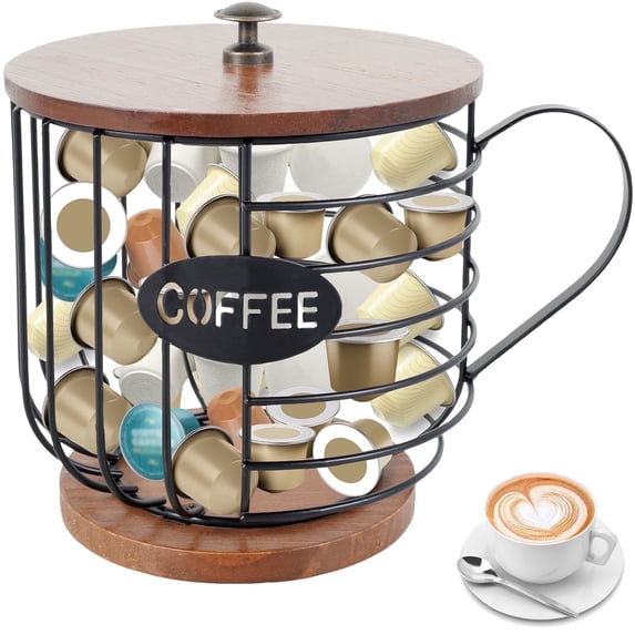 AEVXKHI Rustic Coffee Pod Holder, Metal K Cup Holder Basket, Large Capacity Black Wire Coffee Pod Storage Organizer with Wooden Base and Lid, Coffee Bar Accessories for Count