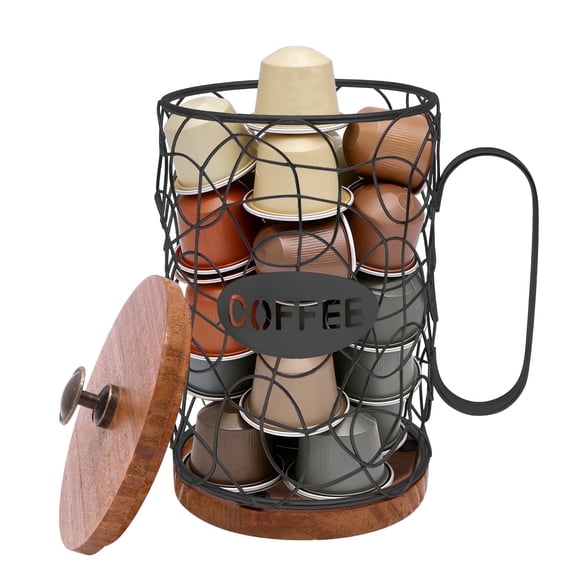 AEVXKHI Coffee Pod Holder with Lid, 1 Pack Large Capacity K Cup Holder with Rustic Wooden Base, Black Wire Coffee Storage Basket for Kitchen Countertop, Cylinder Cafe Bar Organizer Accessories