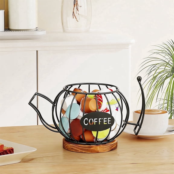 AEVXKHI Coffee Pod Holder Organizer, Teapot Coffee Capsule Holder, K Cup Holder with Wooden Base, Wire Coffee Storage Basket, Cafe Bar Accessories