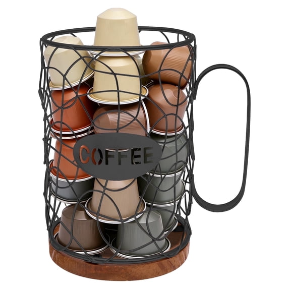 AEVXKHI Coffee Pod Holder with Wooden Base, Metal Wire Basket K Cup Organizer with Handle for Counter, Black Iron K Cup Holder for Kitchen or Coffee Bar