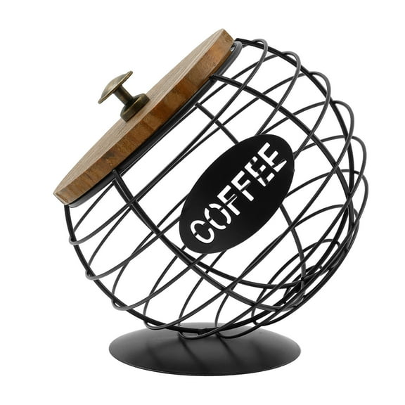 Txkrhwa Coffee Pod Holder with Wooden Lid, Large Capacity Coffee Pod Storage Basket, Innovative Spherical Shape for Kitchen Countertop, Black