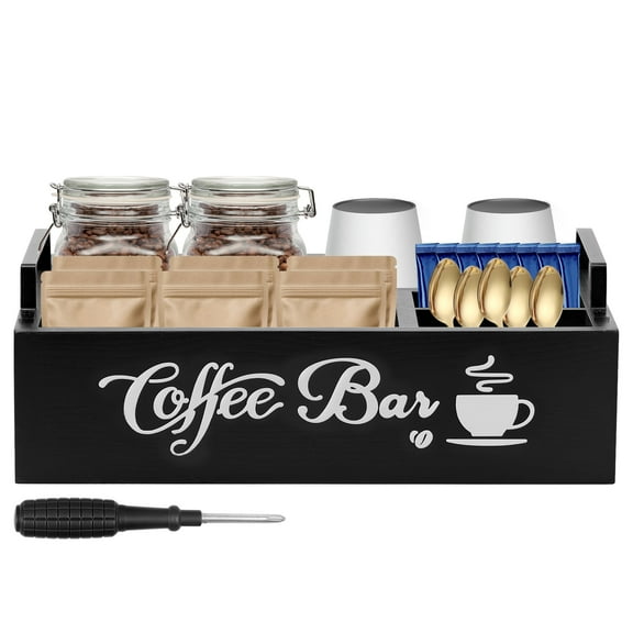 Txkrhwa Coffee Station Organizer, Wooden Pods Holder Storage Basket, 4 Compartments Countertop Organizer for Coffee Pods, Tea Condiment Storage Organizer, Rustic Bar Decor for Accessories Organizer