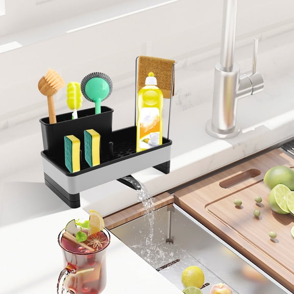 AEVXKHI Kitchen Sink Caddy Organzier with Brush Holder, Sponge Holder for Kitchen Sink with Towel Racks & Soap Dispenser, Stainless Steel Kitchen Dishcloth Rack Countertop Storage Essentials