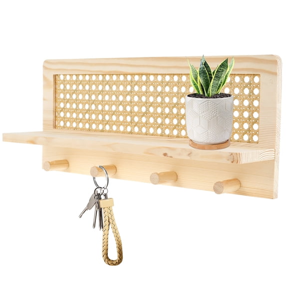Txkrhwa Rattan Rack Shelf, Rattan Wall Rack, Floating Rattan Shelf with 4 Hooks, Wall Mounted Entryway Rattan Rack for Entryway Nursery Hallway Office Home