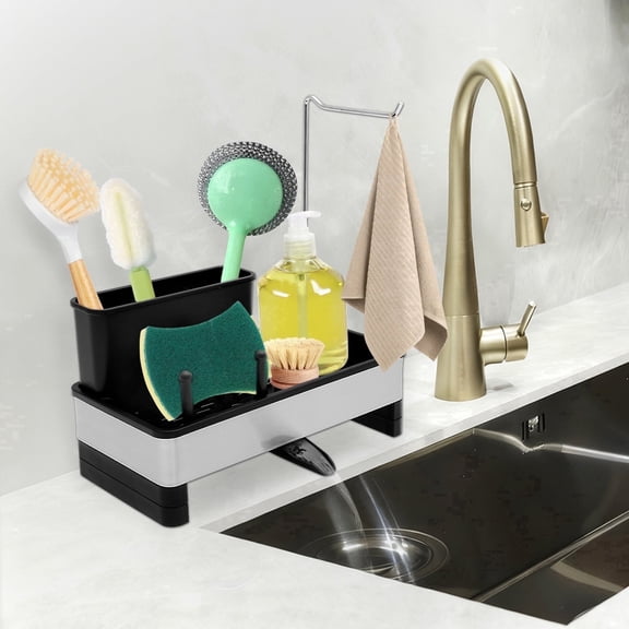 AEVXKHI Stainless Steel Sponge Holder for Kitchen Sink, Sink Caddy Organizer with Auto-Drain Tray for Sponges, Dishcloths and Dish Brushes, Rustproof Countertop Storage