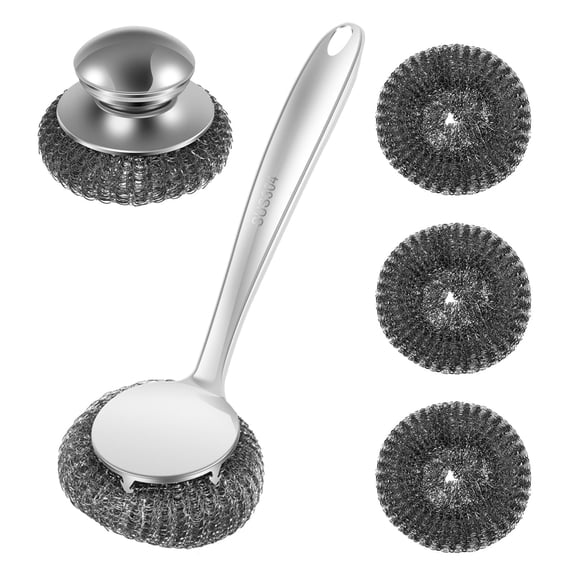 5 Pack Stainless Steel Wool Scrubber Set, with Long & Short Handle, Heavy Duty Dish Scrubber Brush Set with 3 Detachable Replaceable Pads, Metal Pot Scrubbers for Cleaning Dishes Iron Pots Stoves