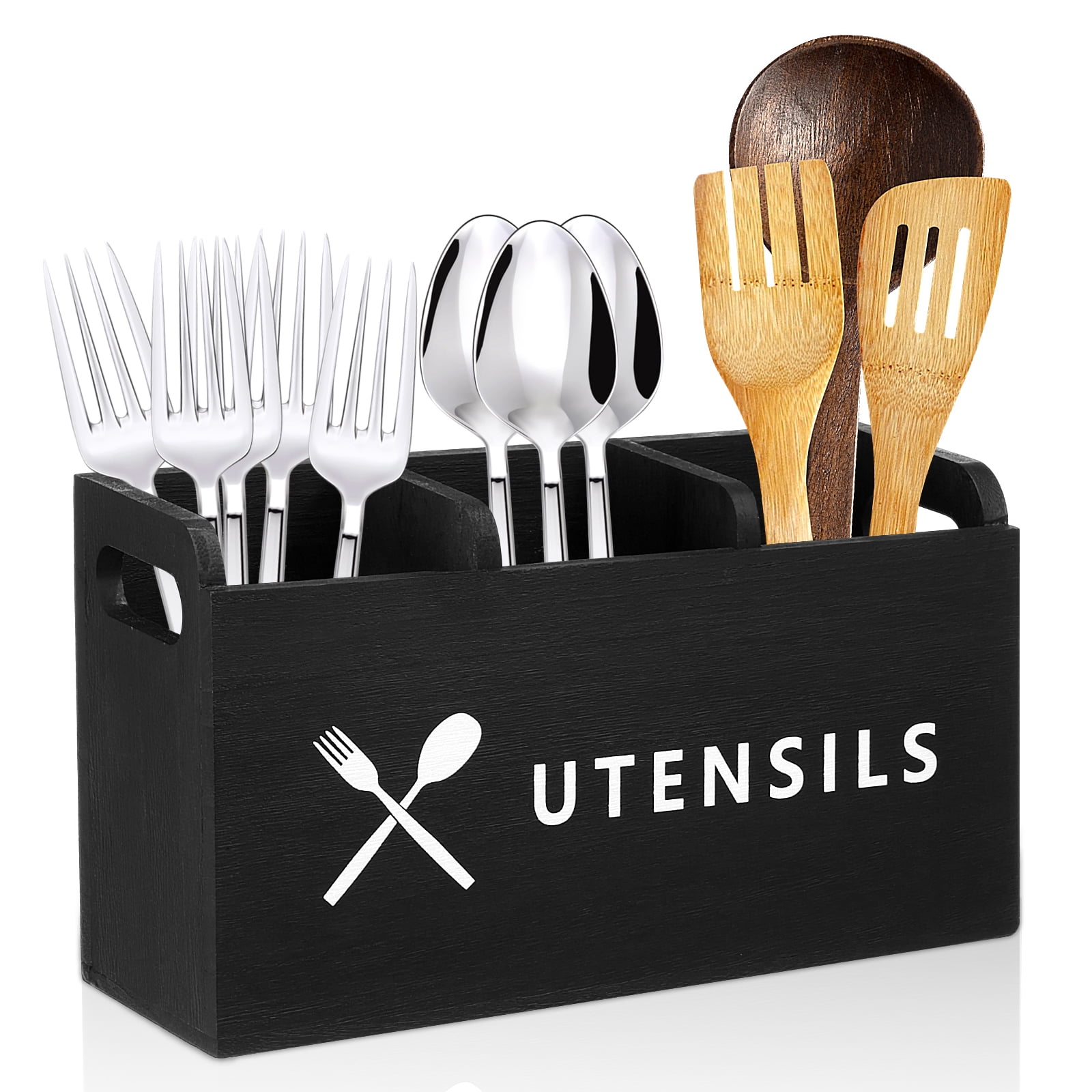 Txkrhwa Utensil Holder Extra Large Utensil Organizer with 3 Compartments, Wooden Rustic Utensil Crocks for Kitchen Counter, Farmhouse Cooking Utensil Caddy Countertop Spatula Silverware Spoon Holder