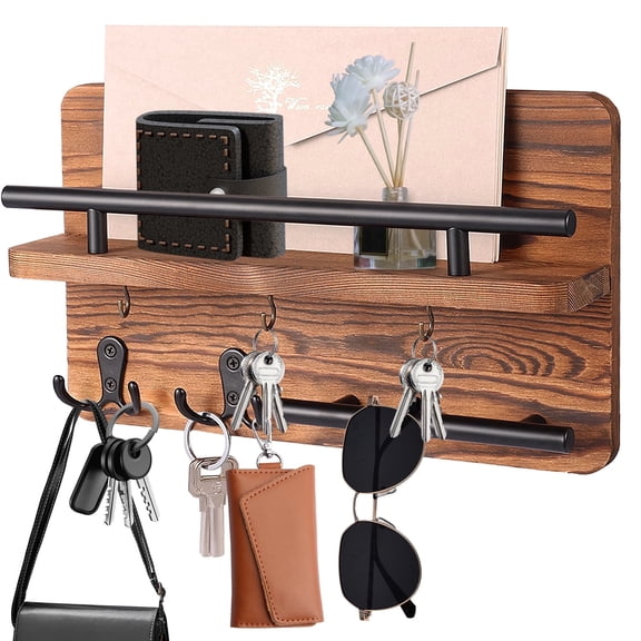 AEVXKHI Wall Mounted Key Holder for Wall - Rustic Wooden Mail Organizer with 7 Hooks, Entryway Key Hanger with Shelf for Mail, Sunglasses and Wallet Storage