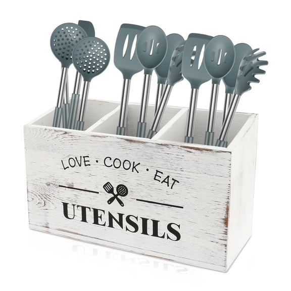 AEVXKHI Wooden Kitchen Utensil Holder 3 Compartments Large Kitchen Utensil Caddy Organizer Sturdy Silverware Holder Farmhouse Wood Cooking Utensil Stand for Kitchen Countertop Farmhouse