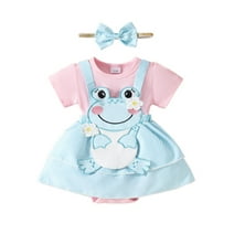 Txlixc 2Pcs Baby Girl Summer Outfits Short Sleeve Frog Embroidery Suspender Romper with Headband Set Infant Clothes
