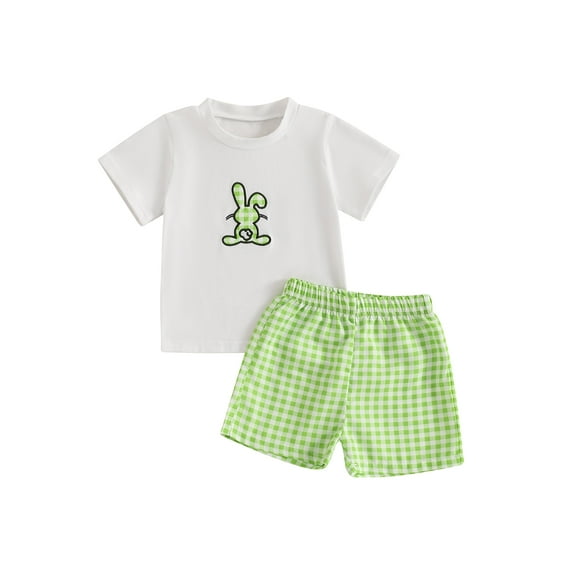 Txlixc Baby Boys Easter Outfits Bunny/Truck Embroidery Short Sleeves T-Shirt and Elastic Plaid Shorts Set for 2 Piece Clothes