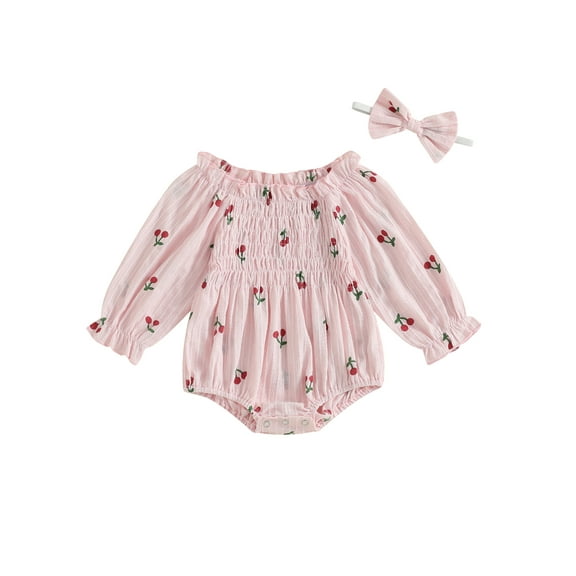 Txlixc Baby Girl Summer Outfits Long Sleeve Cherry Print Smocked Romper with Headband Set Newborn Clothes