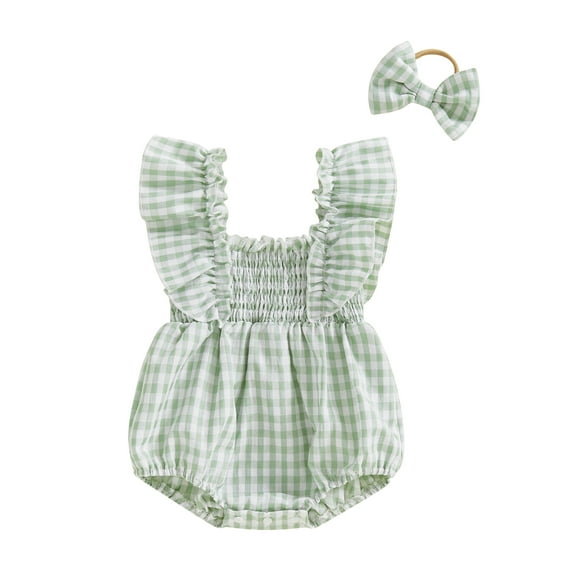 Txlixc Baby Girl Summer Outfits Ruffle Sleeveless Square Neck Plaid Print Romper with Headband Set Newborn Clothes