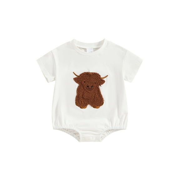 Txlixc Baby Summer Romper Highland Cow Embroidery Short Sleeve Newborn Jumpsuit for Toddler Boy Girls Cute Clothes