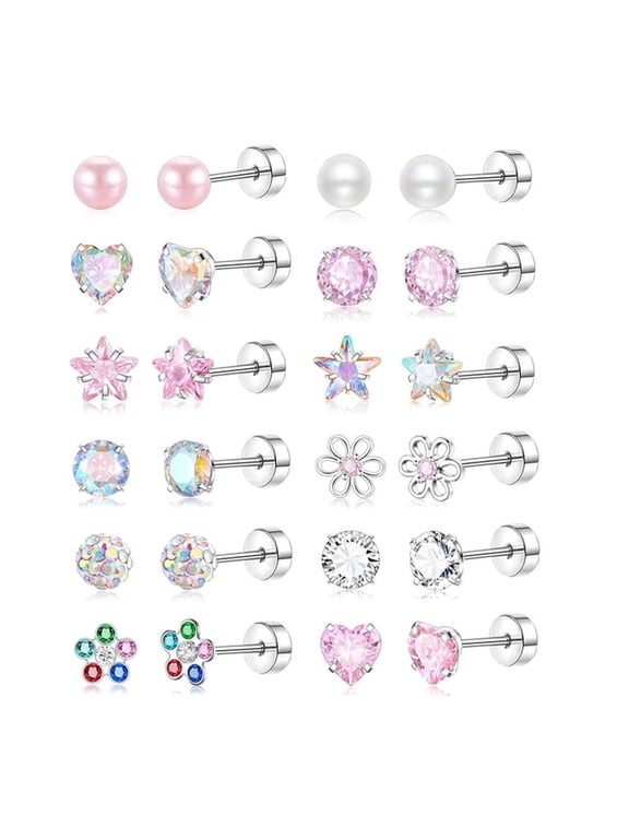 12 Pairs Surgical Steel Screw Back Earrings Sets Hypoallergenic Screw Back Stud Earrings Cute Heart Tiny CZ Flower Pink Stud Earrings