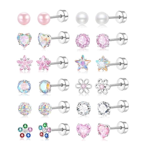 12 Pairs Surgical Steel Screw Back Earrings Sets Hypoallergenic Screw Back Stud Earrings Cute Heart Tiny CZ Flower Pink Stud Earrings