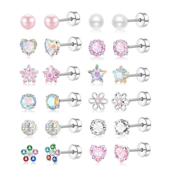 Txmasen 12 Pairs Surgical Steel Screw Back Earrings Sets Hypoallergenic Screw Back Stud Earrings Cute Heart Tiny CZ Flower Pink Stud Earrings