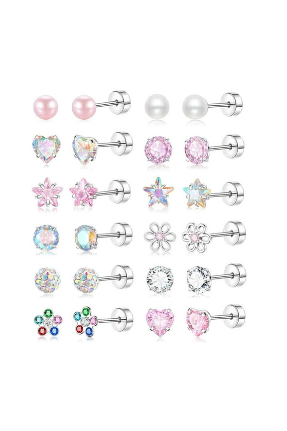 12 Pairs Surgical Steel Screw Back Earrings Sets Hypoallergenic Screw Back Stud Earrings Cute Heart Tiny CZ Flower Pink Stud Earrings
