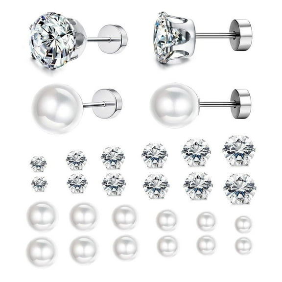 Txmasen 12 Pairs Surgical Steel Screw Back Earrings Sets Hypoallergenic Screw Back Stud Earrings Cute Heart Tiny CZ Flower Stud Earrings