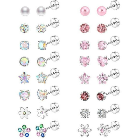 Txmasen 16 Pairs Surgical Steel Screw Back Earrings Sets Hypoallergenic Screw Back Stud Earrings Cute Heart Tiny CZ Flower Pink Stud Earrings