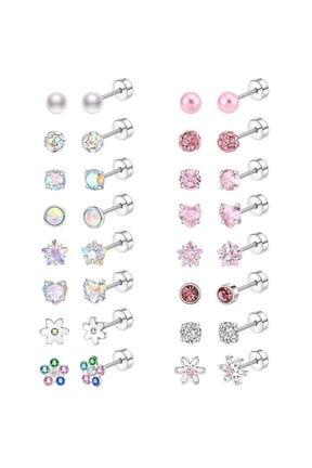 16 Pairs Surgical Steel Screw Back Earrings Sets Hypoallergenic Screw Back Stud Earrings Cute Heart Tiny CZ Flower Pink Stud Earrings