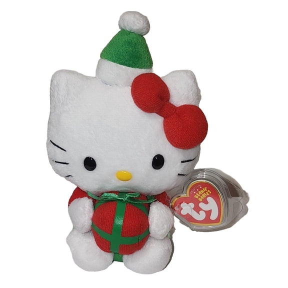 Ty Beanie Baby - HELLO KITTY Holding a Christmas Ornament / Present - MWMTs 6" Plush (BONUS 1 FUN CHOPS & 1 TY CARD)