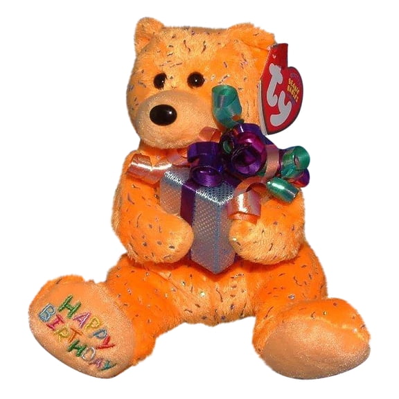 Ty Beanie Babies Happy Birthday the Bear Orange Holding Present 2004