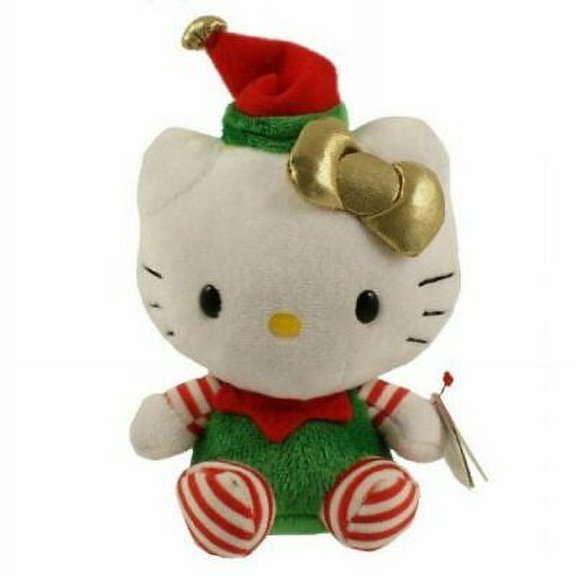 Ty Beanie Baby - Hello Kitty GREEN ELF Christmas Outfit (Gold Bow) (6" Plush) (BONUS ONE RANDOM TY ERASER)