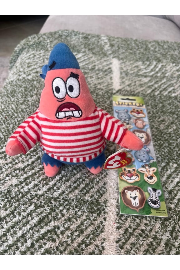 Beanie Baby - PATRICK STAR 6" FIRST MATE SPONGEBOB NEW (With Animal Stickers)