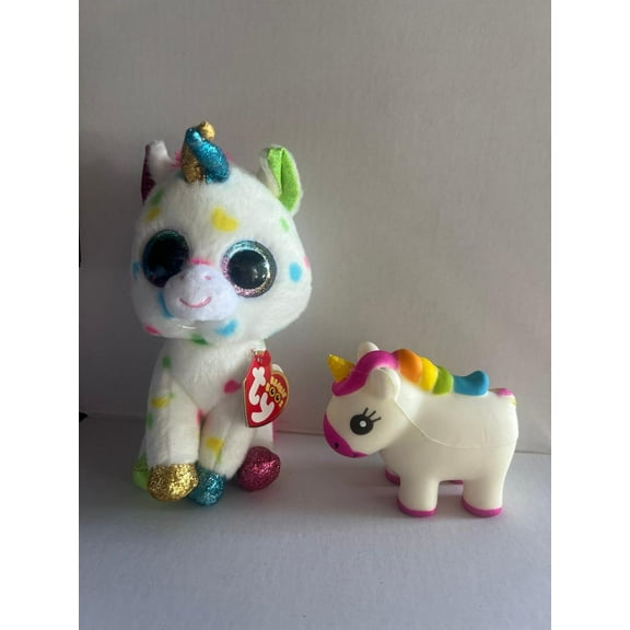 Ty Beanie Boos - Harmonie The Unicorn 6" & Rainbow Squishy Unicorn New (BONUS 1 FUN CHOPS & 1 ZIPPER BRACELET)