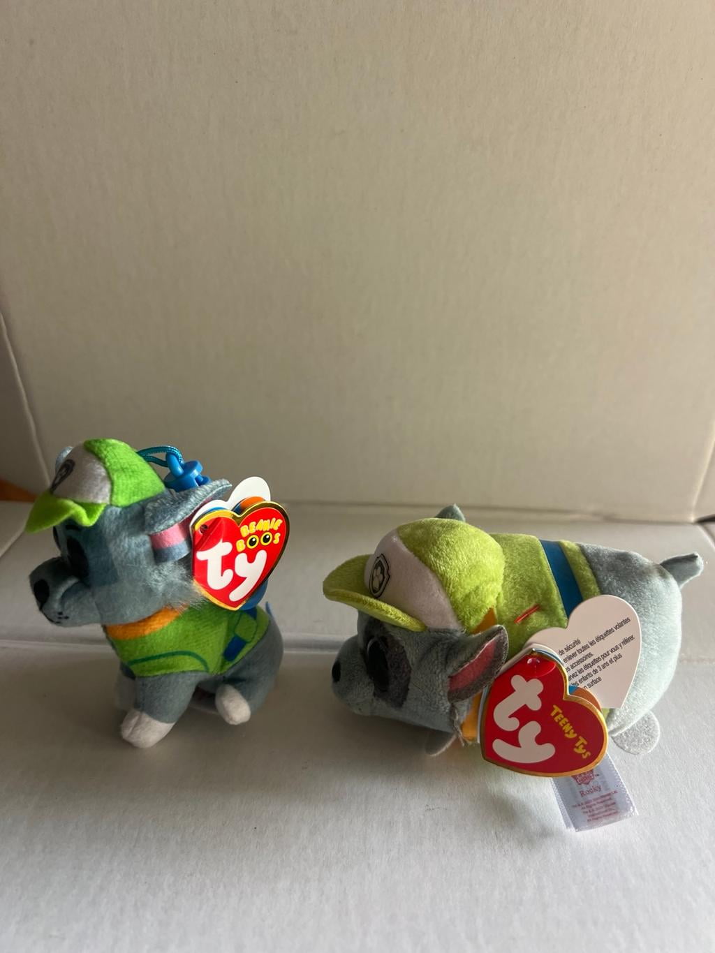 Ty Beanie Teeny Tys - 4" Paw Patrol Rocky Stackable Plush & Clip Set New (1 FUN CHOPS & ZIPPER BRACELET)