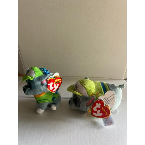 Ty Beanie Teeny Tys - 4" Paw Patrol Rocky Stackable Plush & Clip Set New (1 FUN CHOPS & ZIPPER BRACELET)