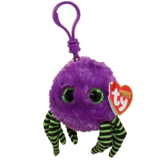 Ty Halloweenie Beanies - CRAWLER THE PURPLE SPIDER 3" CLIP GLITTER EYES PLUSH (BONUS 1 FUN CHOPS &1 ZIPPER BRACELET)