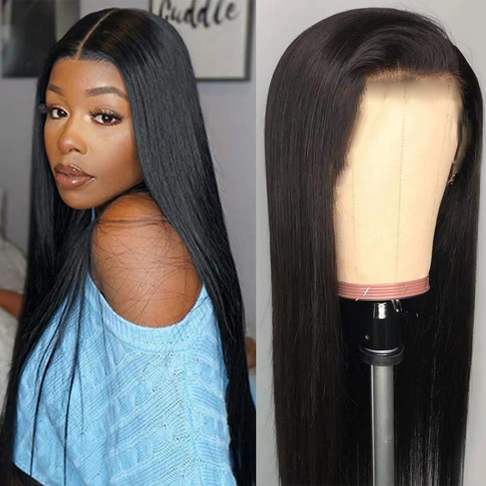 Peluca larga lacia negra TyTqxy para mujer, peluca sintética negra lacia, peluca con frontal de encaje, sin pegamento, cabello humano con línea de cabello natural, 27.5 pulgadas