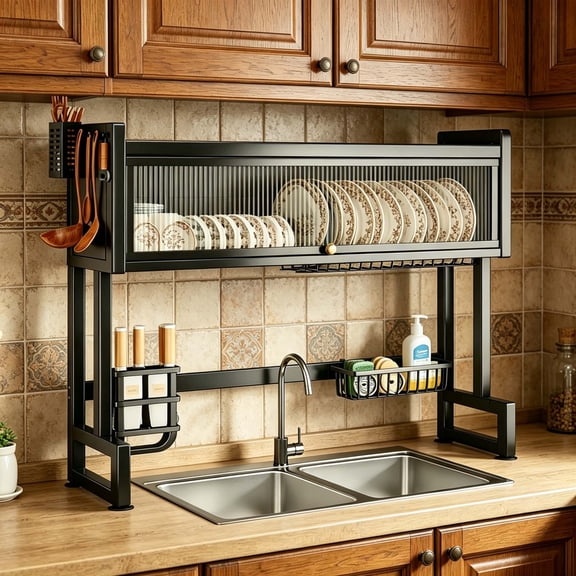 Tyab DustCover OverSink Dish Rack Modern Black Metal Kitchen Sink Organizer