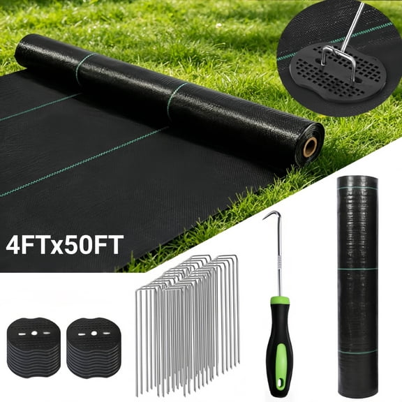 Tyasoleil 4ft x 50ft Heavy Duty Weed Barrier Landscape Fabric Rolls with Pick Hook, 20 U-Shaped Garden Stakes, Woven Ground Cover for Greenhouse, Yard, Garden