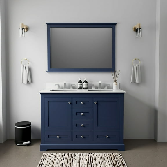 Tybee 48 in W x 22 in D Navy Blue Double Bath Vanity, White Quartz Top and 46 in Mirror