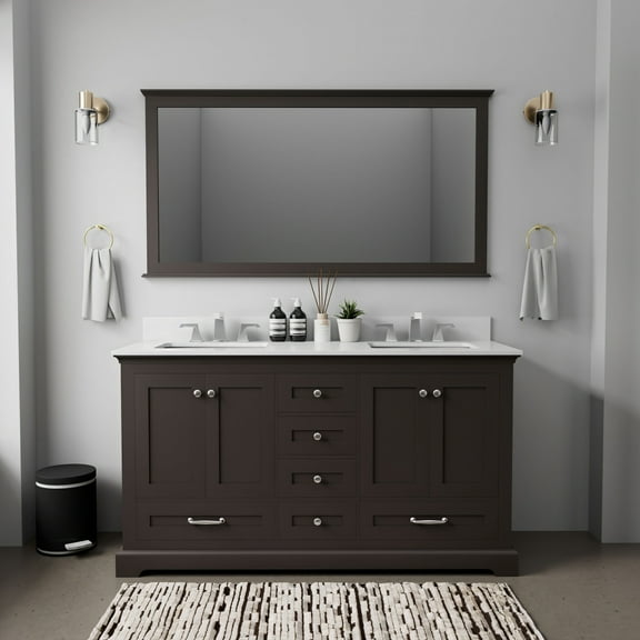Tybee 60 in W x 22 in D Espresso Double Bath Vanity, White Quartz Top and 58 in Mirror
