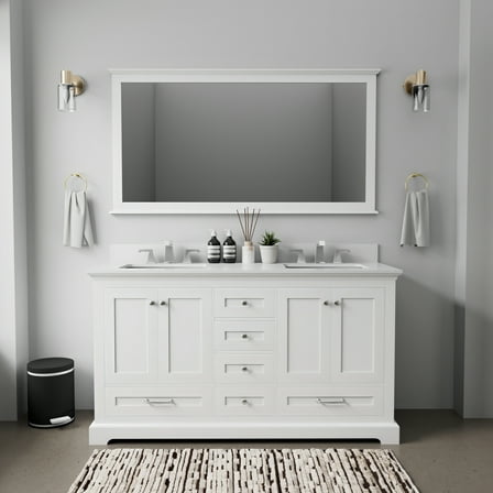Tybee 60 in W x 22 in D White Double Bath Vanity, Cultured Marble Top and 58 in Mirror